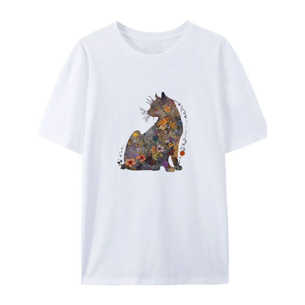 Flowers & Cats Women's Loose Cotton Short Sleeve T-Shirt
