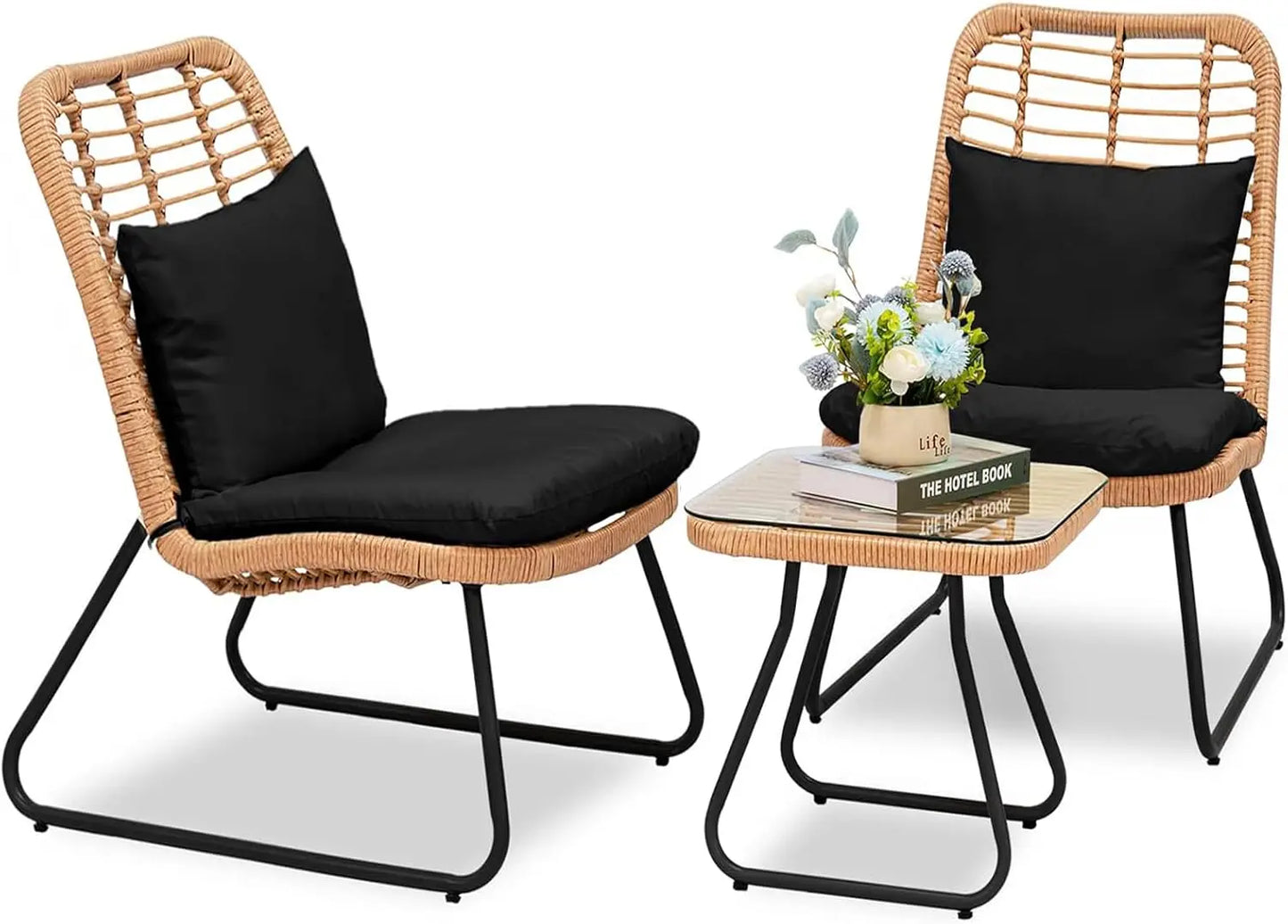3 Piece Outdoor Wicker Bistro Set w/2 Large Rattan Chairs and Tempered Glass Top Table