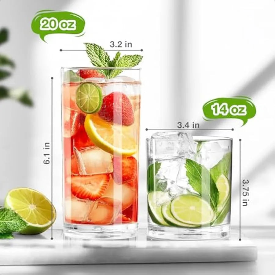 Unbreakable Plastic Drinking Glasses, Set of 8 - 14 oz Rocks and 20 oz Water Cups