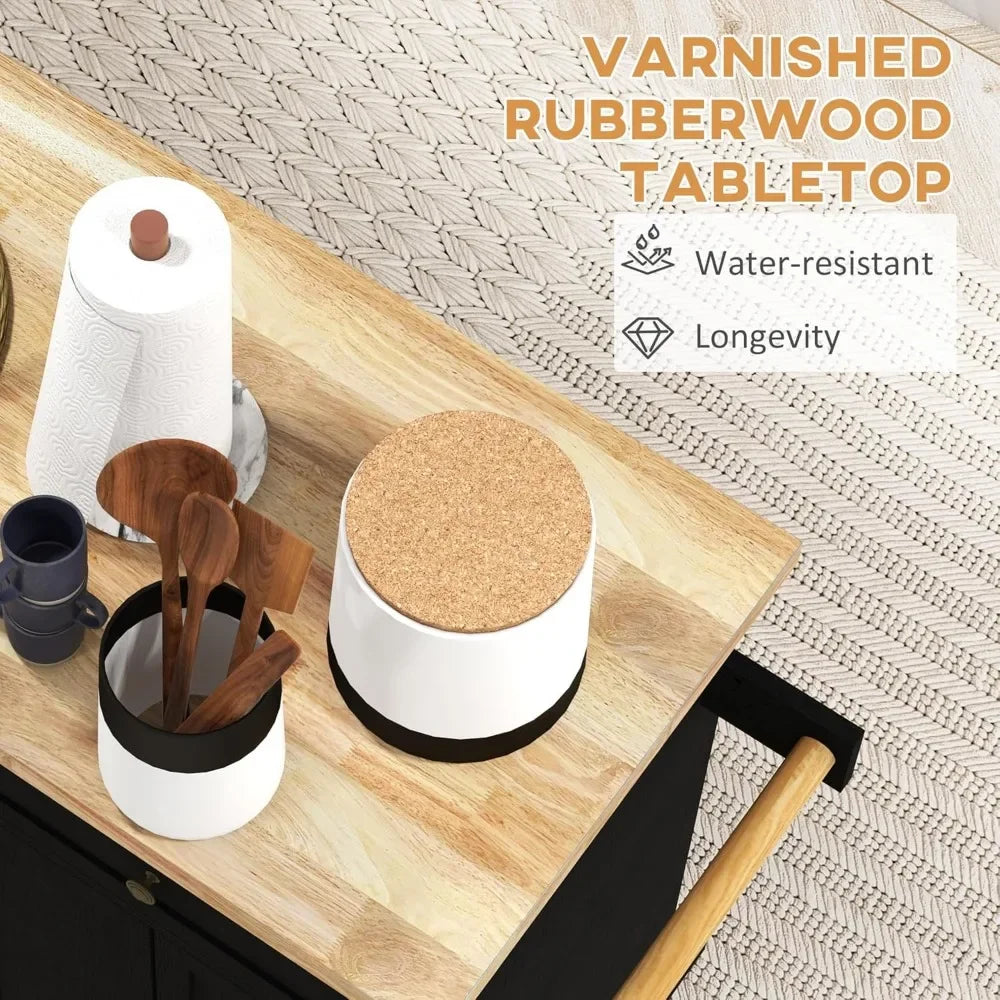 Rolling Kitchen Island with Rubberwood Top, Spice Rack, Towel Rack and Drawers for Dining Room