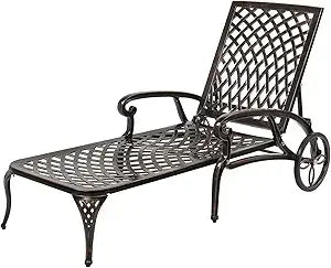 Cast Aluminum Outdoor Chaise Lounge Chair with Wheels, 3-Position Adjustable Backrest