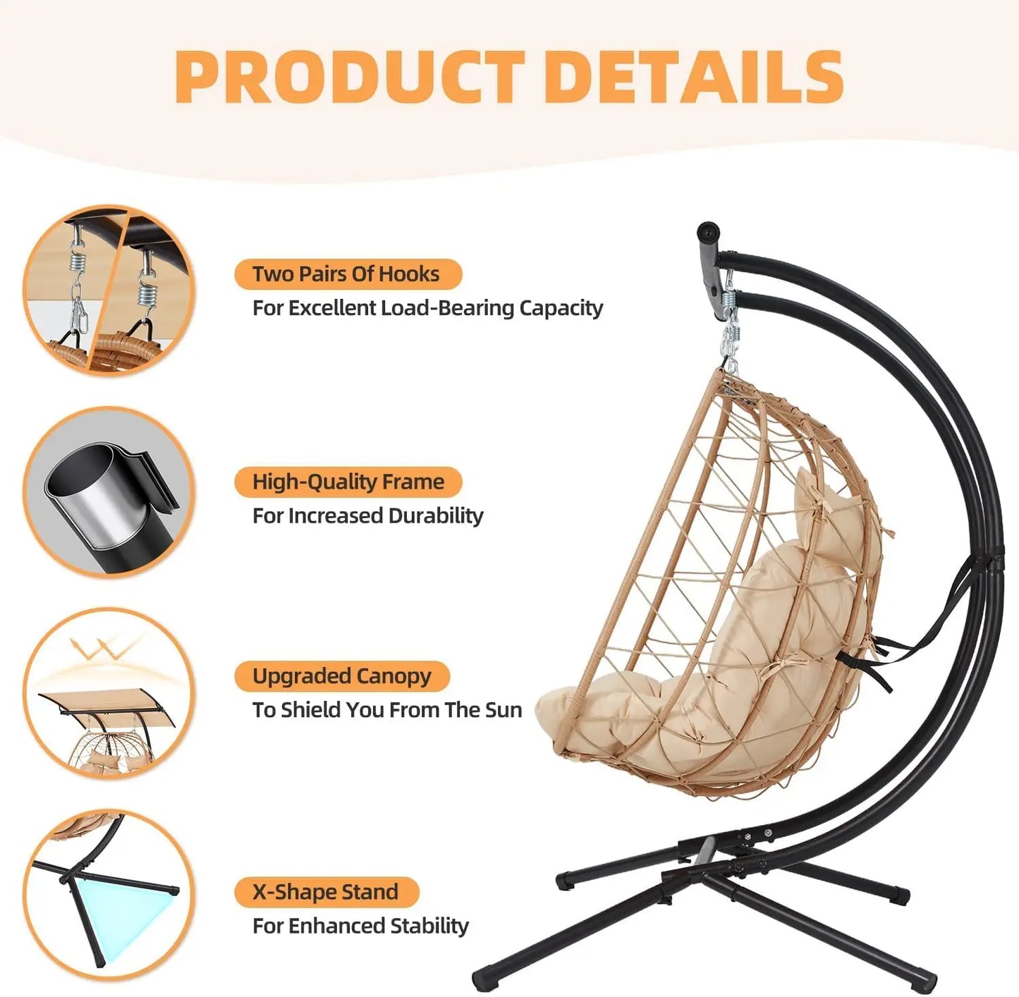 Oversized Cushioned Double Egg Swing Chair / Hammock with Adjustable Canopy