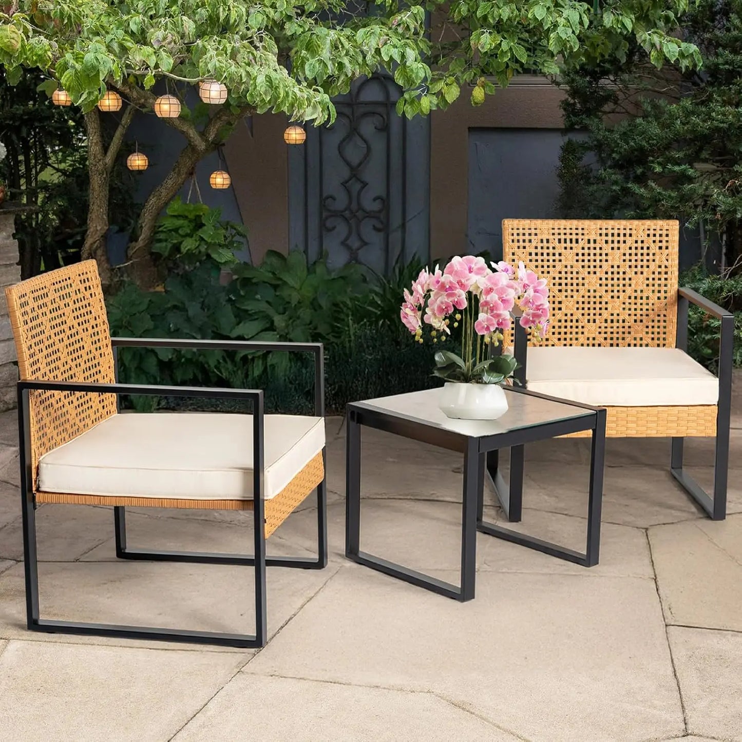 3 Piece Outdoor Wicker Bistro Set w/2 Large Rattan Chairs and Tempered Glass Top Table