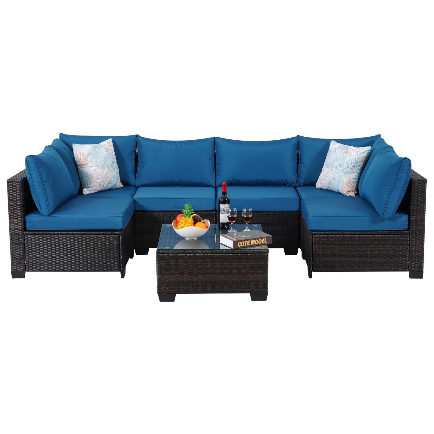 Outdoor Patio Furniture, 7 Piece Sectional Sofa, PE Rattan & Wicker with Thick Cushions