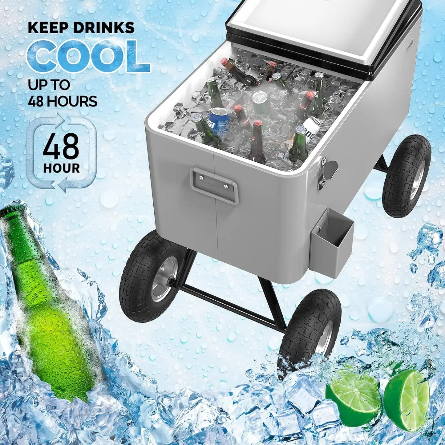 80 Quart Wagon Rolling Ice Chest w/Long Handle and 10" Wheels