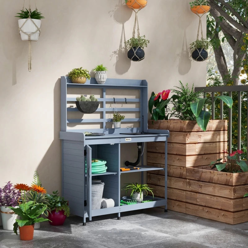 Wooden Potting Bench with Storage, Sink, Aluminum Tabletop,Water Tap for Backyard, Patio, Balcony, Gray