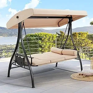 3 Person Outdoor Swing with 1.5" Deep Cup Holder, Adjustable Canopy, Backrest Can be Laid Flat to Make a Bed