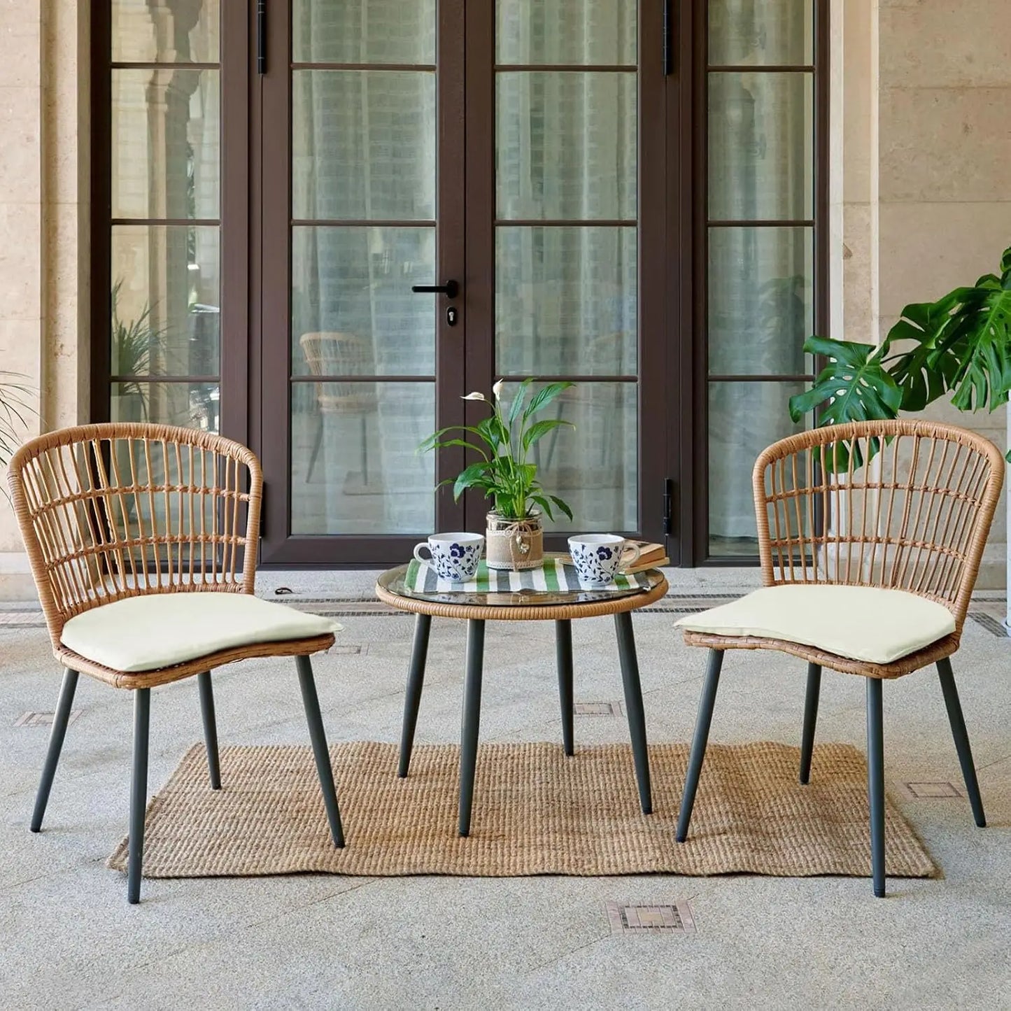 3 Piece Outdoor Wicker Bistro Set w/2 Large Rattan Chairs and Tempered Glass Top Table