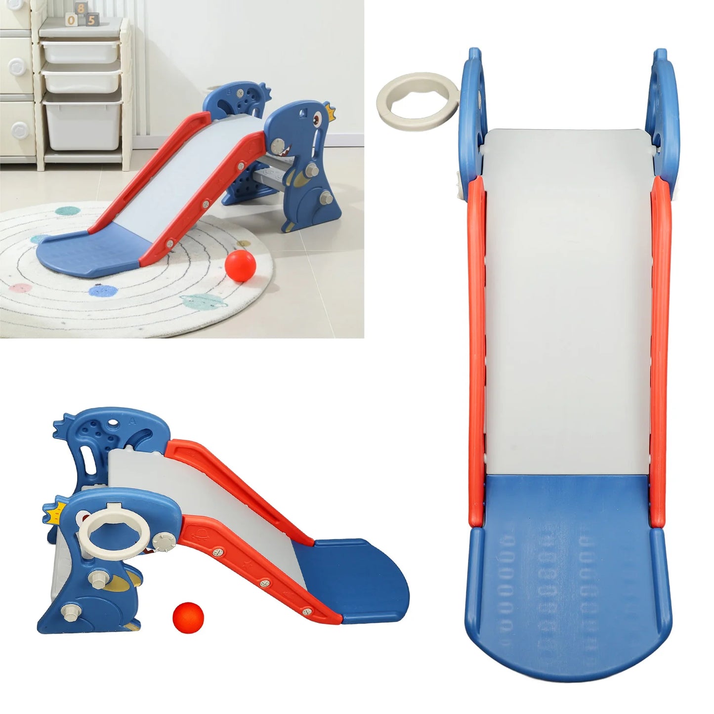 Folding Children's Slide, Easy To Assemble, Multipurpose with Basketball Hoop Climber for Backyard