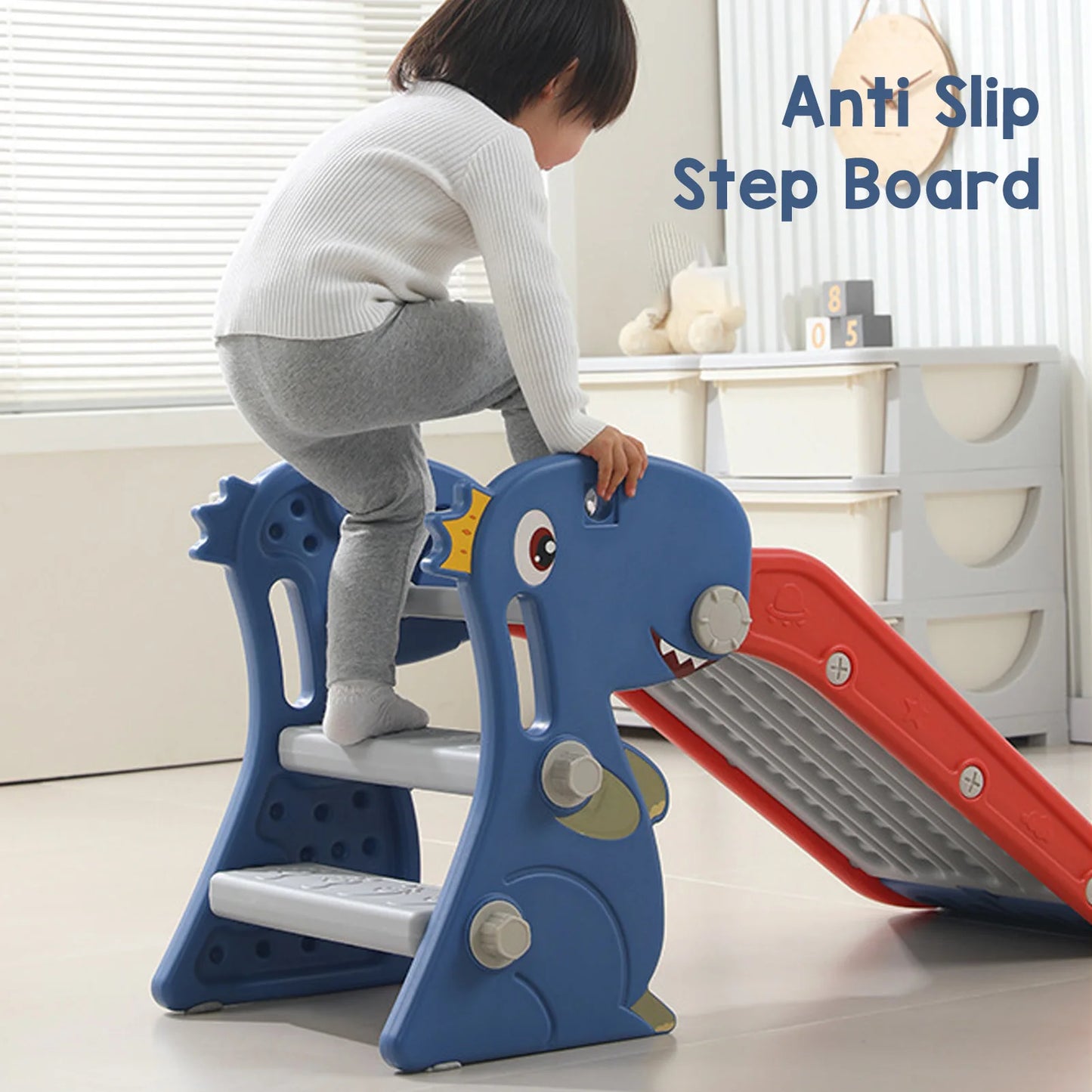 Folding Children's Slide, Easy To Assemble, Multipurpose with Basketball Hoop Climber for Backyard