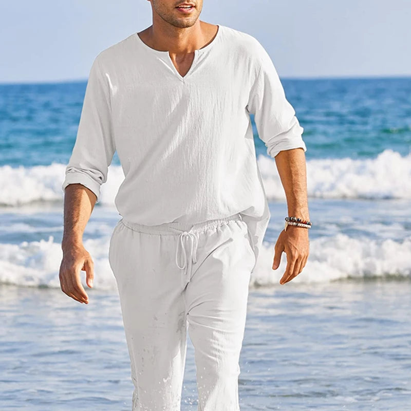 Men s Summer Cotton Linen Henley Shirt, Solid Color, Long Sleeve, Elastic Waist Drawstring Pants 2 Pieces Loungewear Set