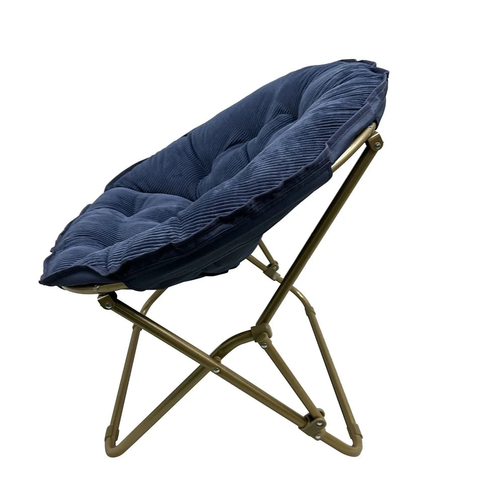 Foldable and Portable Corduroy Saucer Chair with Channel-Tufted Backrest and Durable Steel Frame