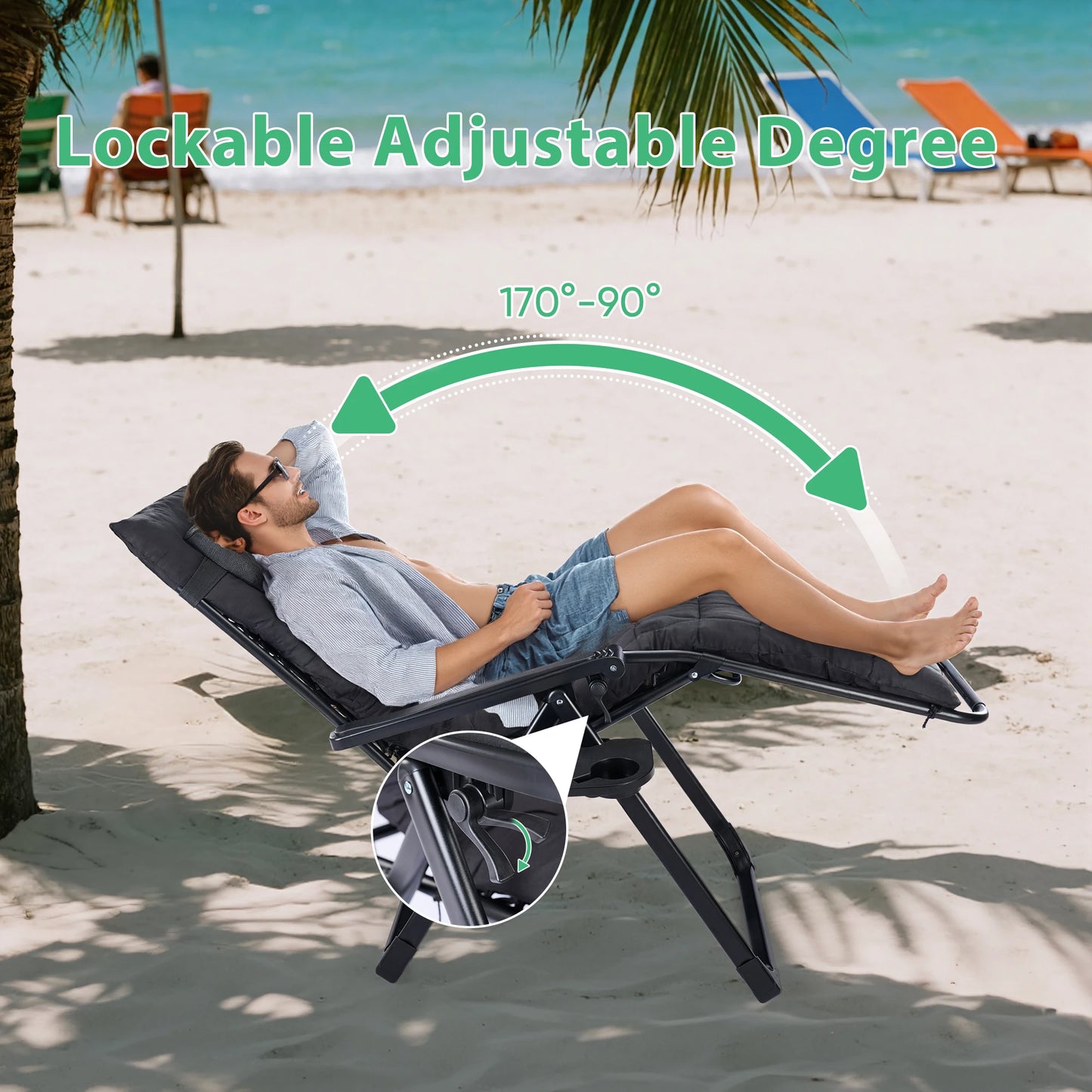 Zero Gravity Recliner for Camping, Patio or Poolside, Folding, Portable, with Cup Holder Trays and Removable Cushion