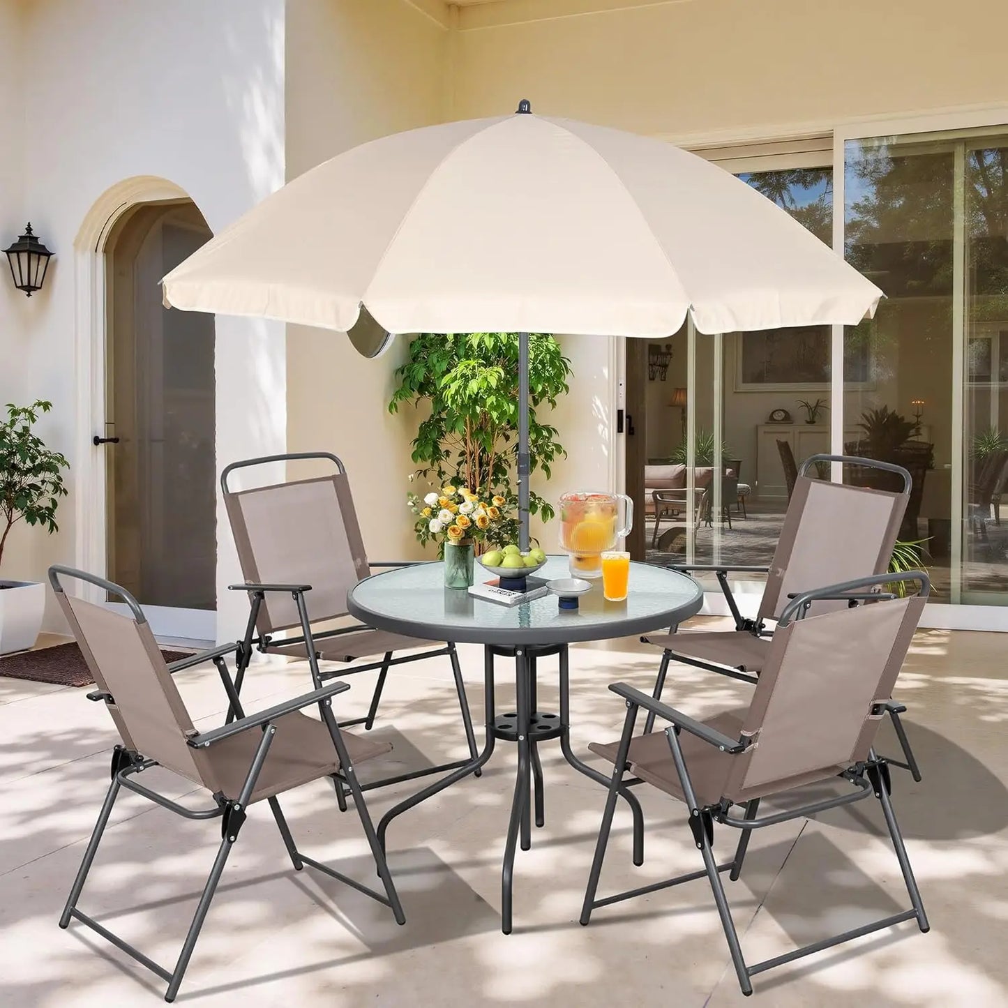 6 Piece Patio Dining Set, Small Metal Outdoor Garden Patio Table and Chair Set w/Umbrella