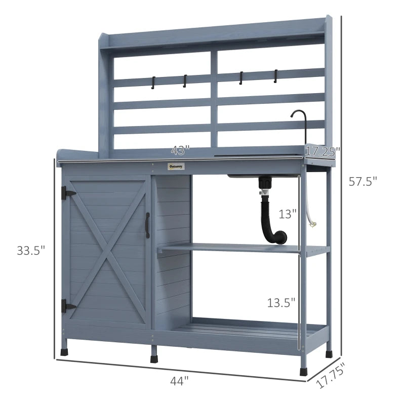 Wooden Potting Bench with Storage, Sink, Aluminum Tabletop,Water Tap for Backyard, Patio, Balcony, Gray