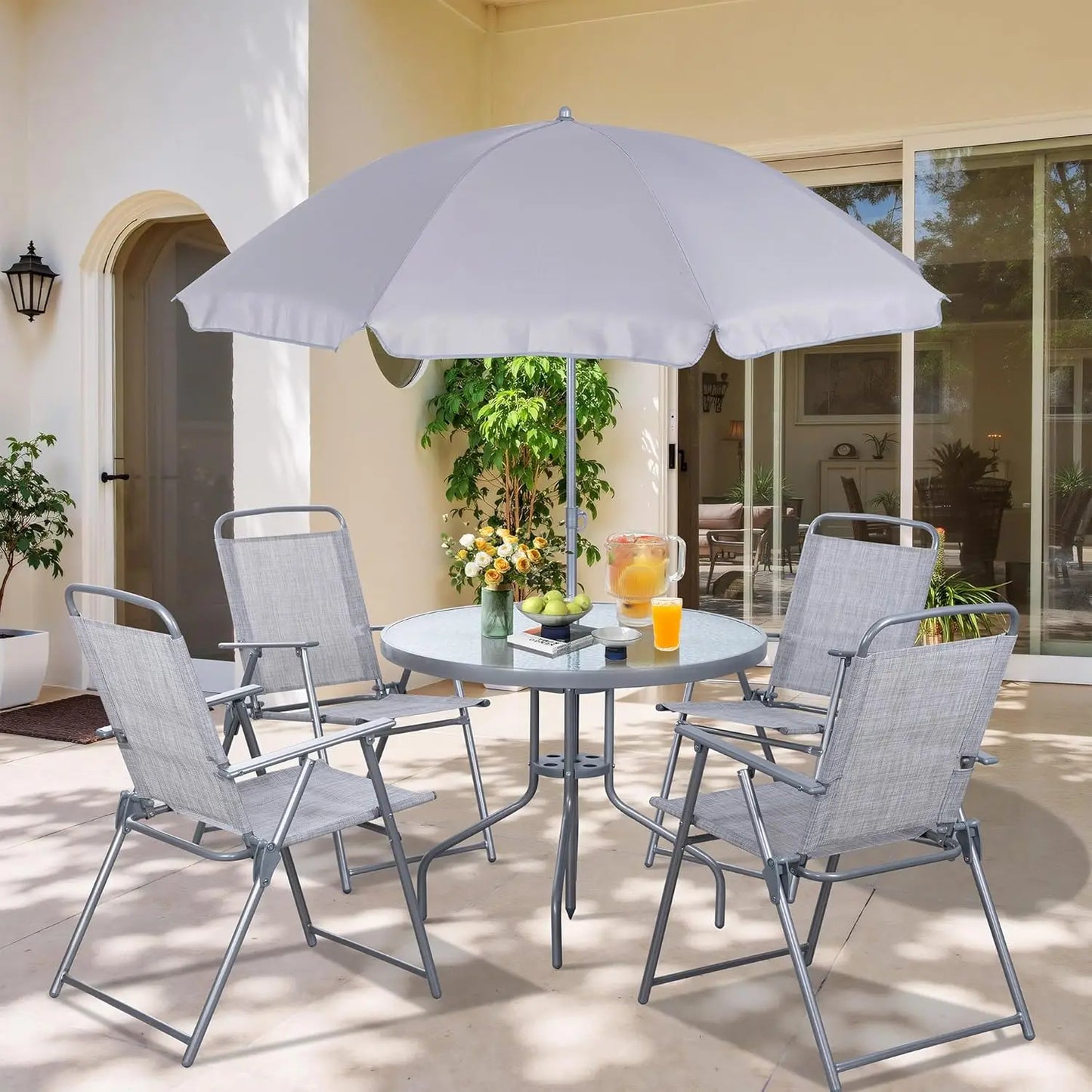 6 Piece Patio Dining Set, Small Metal Outdoor Garden Patio Table and Chair Set w/Umbrella