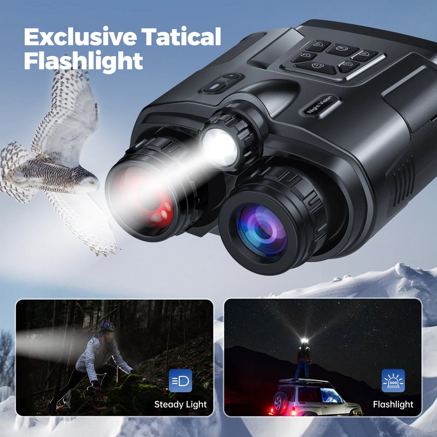 4K Infrared Night Vision Binoculars, 3 inch Screen, 8X Digital Zoom With Tactical Light, 5000mAh Rechargeable