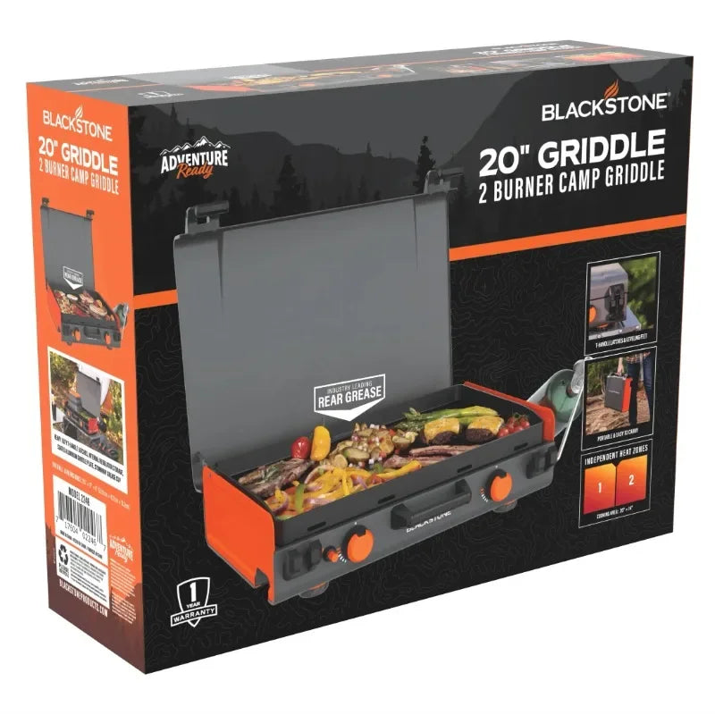 20” x 14” 2-Burner Propane Blackstone Camping Griddle with Latching Hood and Handle