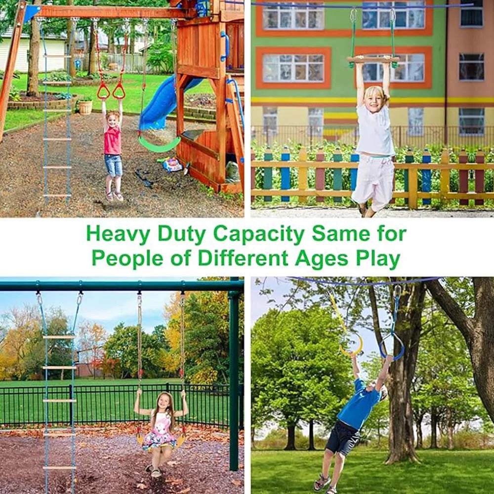 Warrior Obstacle Course For Kids And Adults - 65 FT Slackline With Tree Climbing Rock Holds, Swing Seat, Monkey Bars, Ring Wheel,