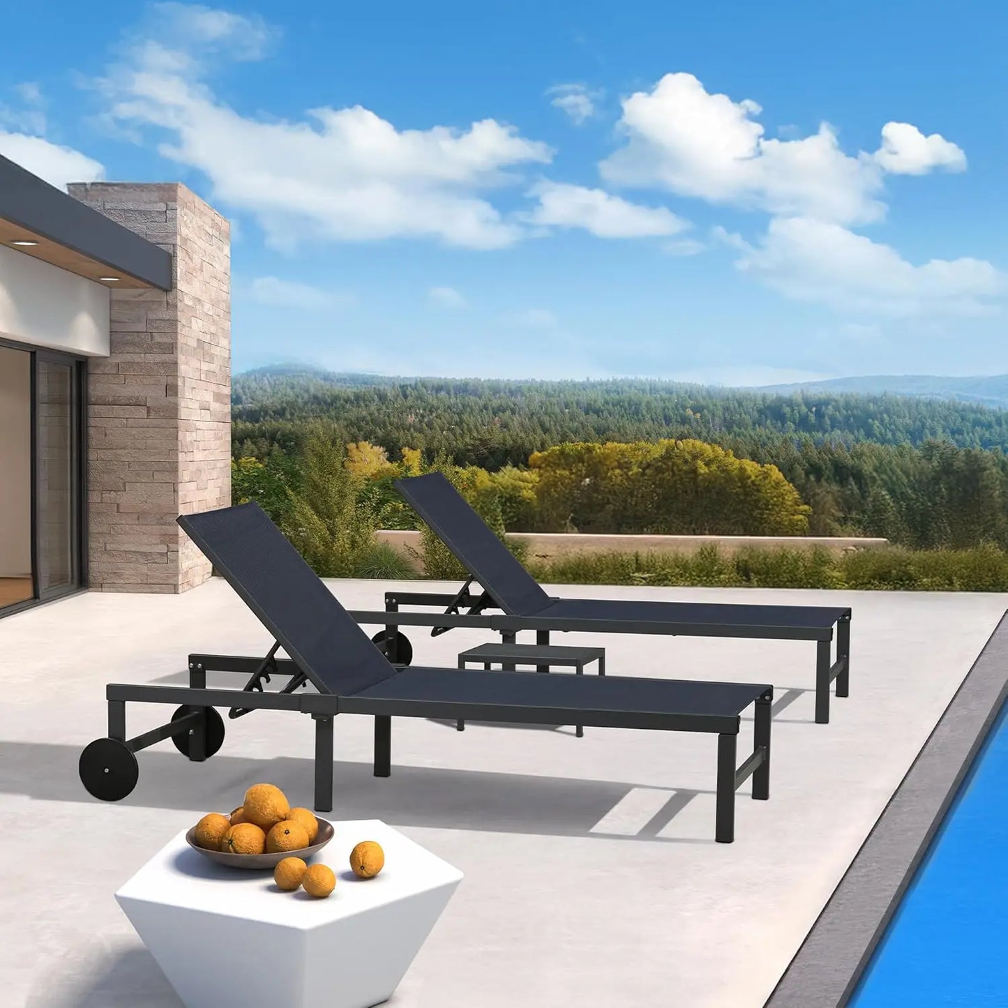 Chaise Lounge Chairs Set, Adjustable Recliner Chair with Wheels and Table