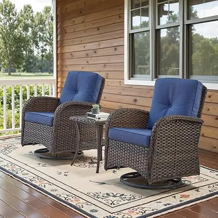 Set of 2 Patio Wicker Swivel Rockers with Rattan Side Table with Glass