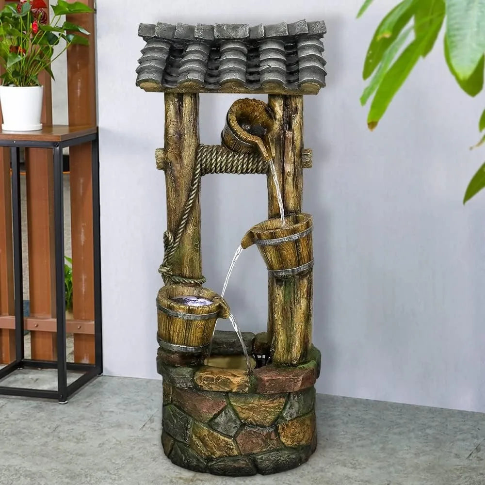 Wishing Well Water Fountain, 39.3 inches Rustic Outdoor Water Fountains - Outdoor Cascading Waterfall with Buckets, Pump & Lights
