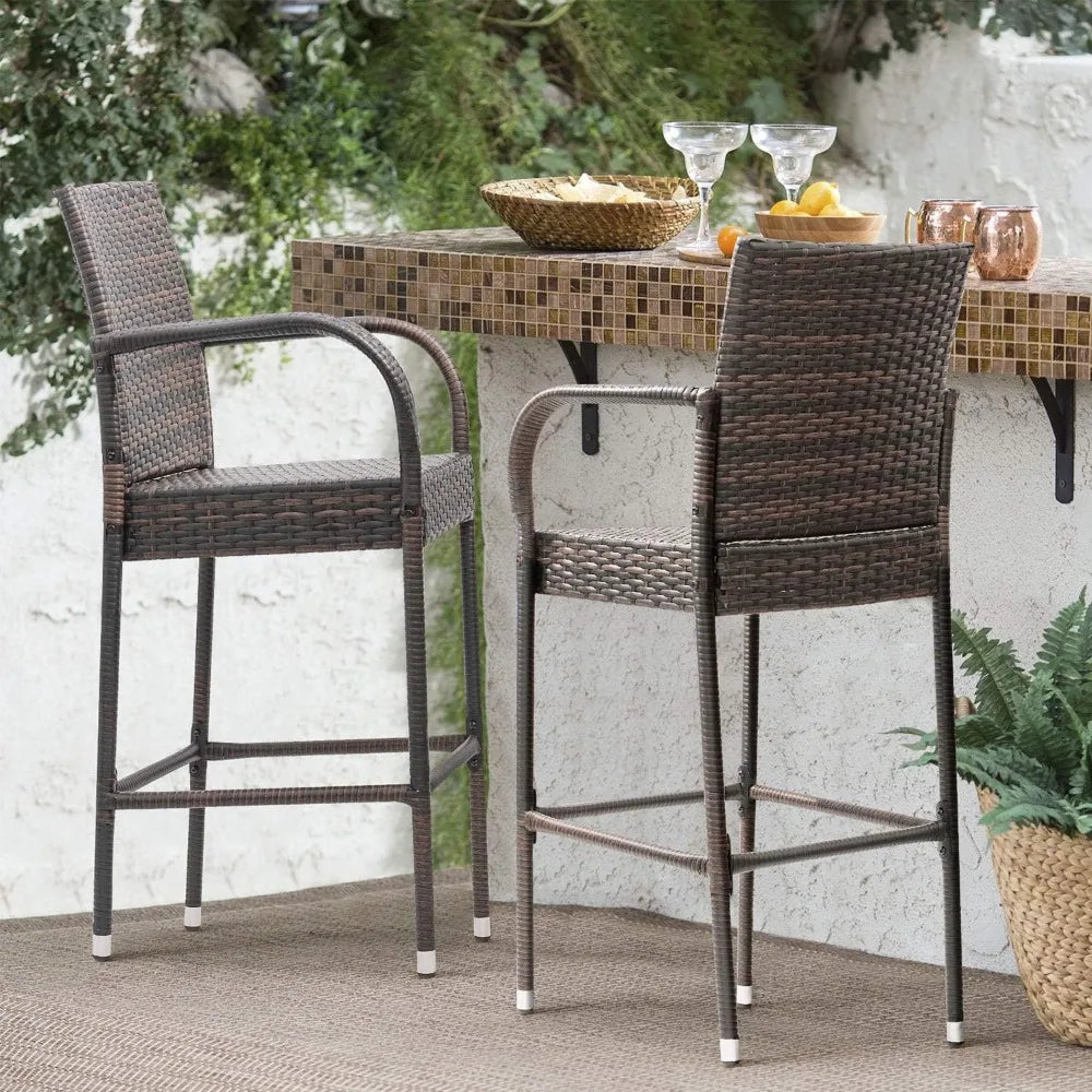 Wicker Patio Bar Stools with Footrest and Armrest