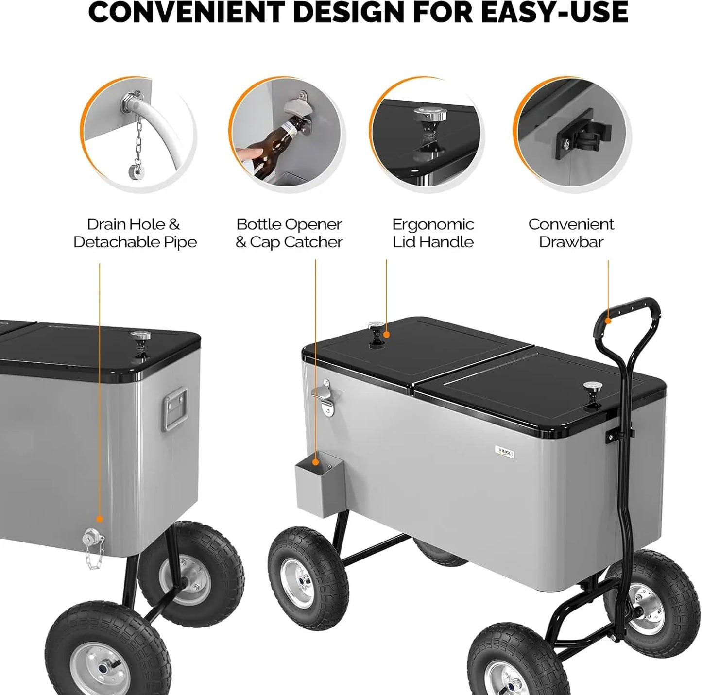80 Quart Wagon Rolling Ice Chest w/Long Handle and 10" Wheels