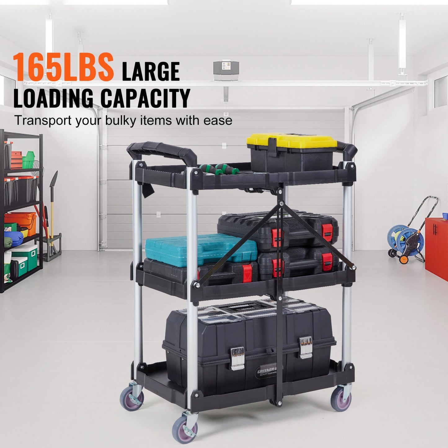 3 Tier Heavy Duty Folding Rolling Utility Cart, 165 lb Capacity