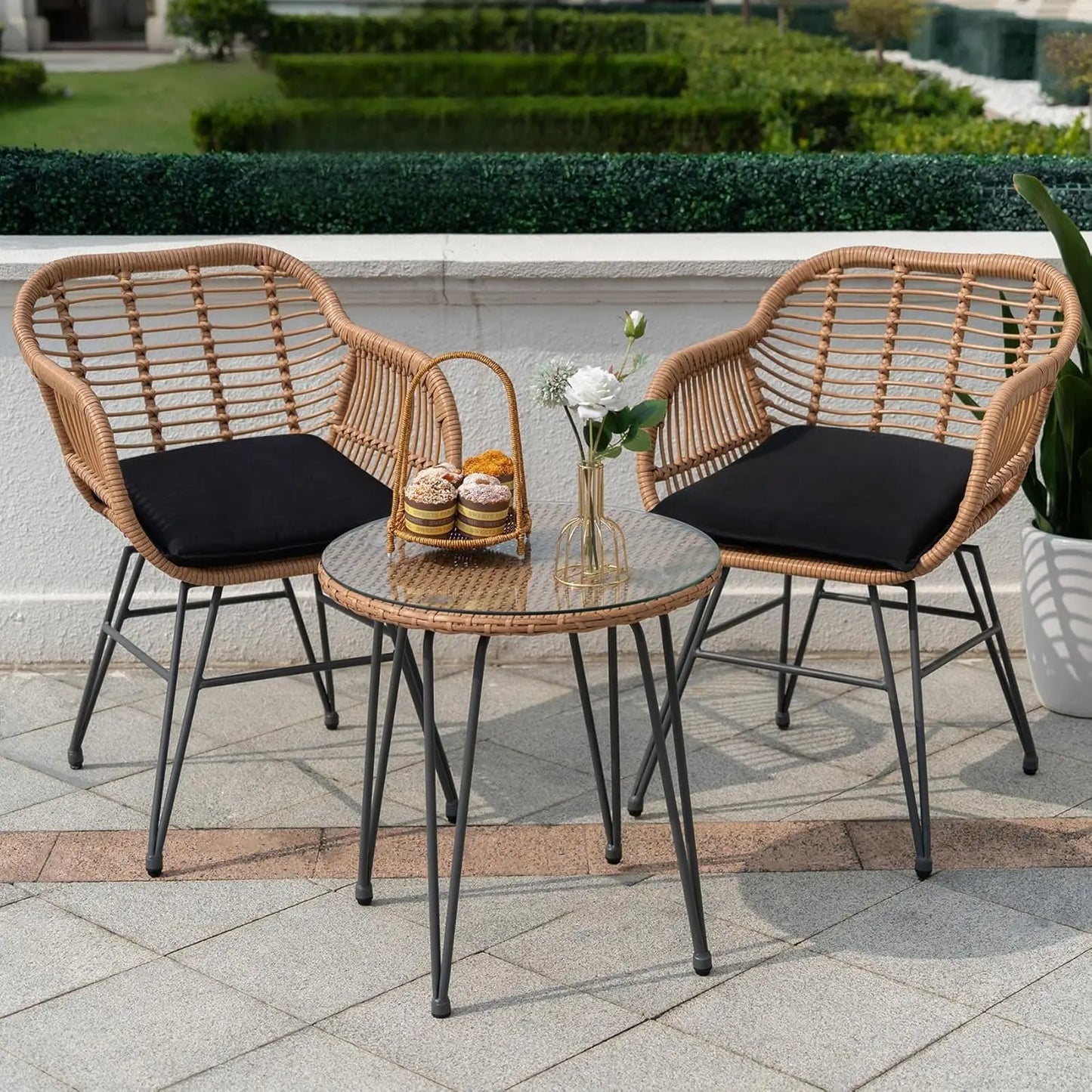 3 Piece Outdoor Wicker Bistro Set w/2 Large Rattan Chairs and Tempered Glass Top Table
