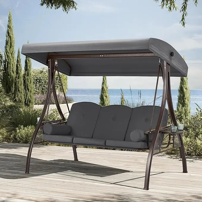 3 Person Outdoor Swing with 1.5" Deep Cup Holder, Adjustable Canopy, Backrest Can be Laid Flat to Make a Bed