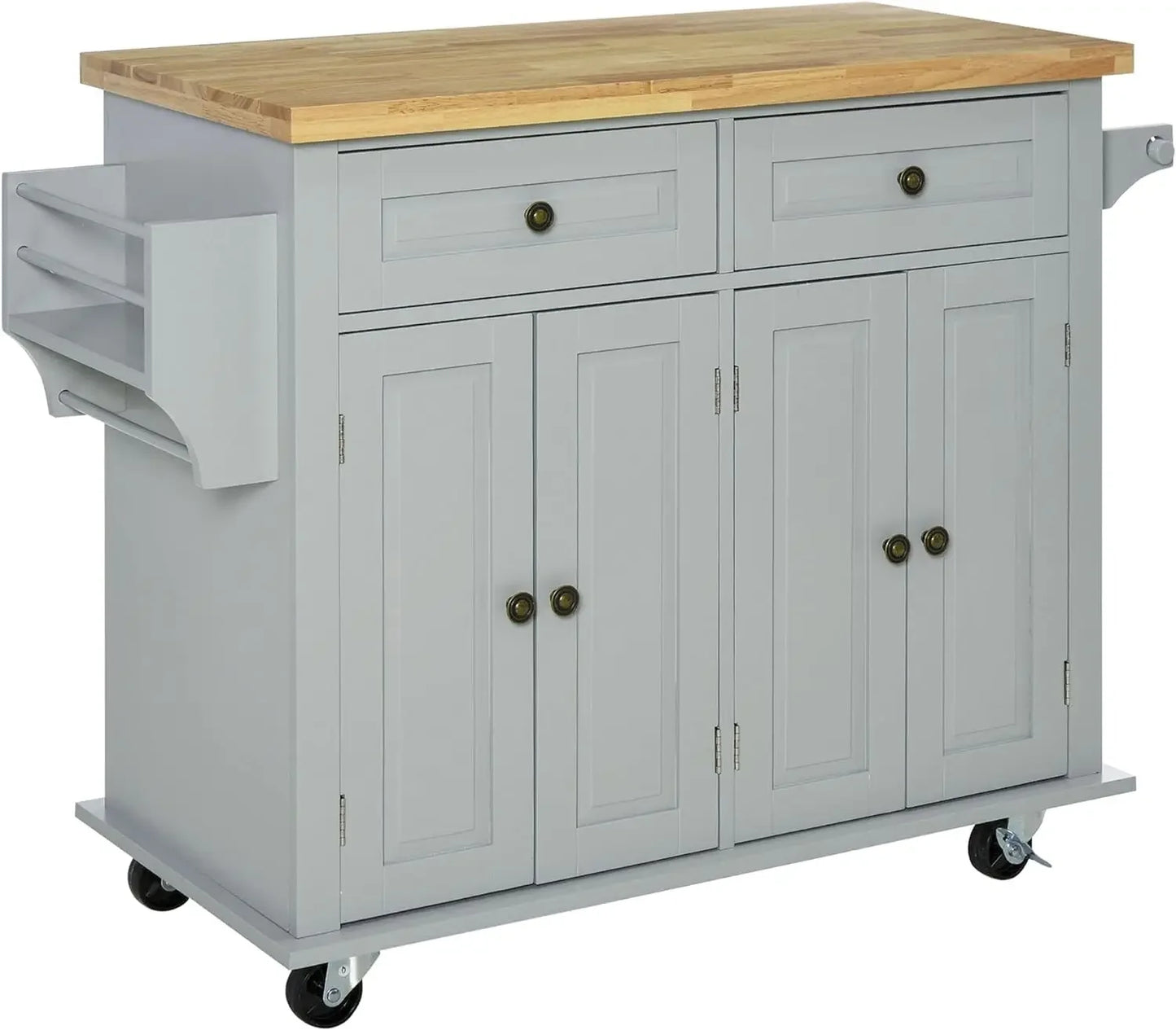 Rolling Kitchen Island with Rubberwood Top, Spice Rack, Towel Rack and Drawers for Dining Room