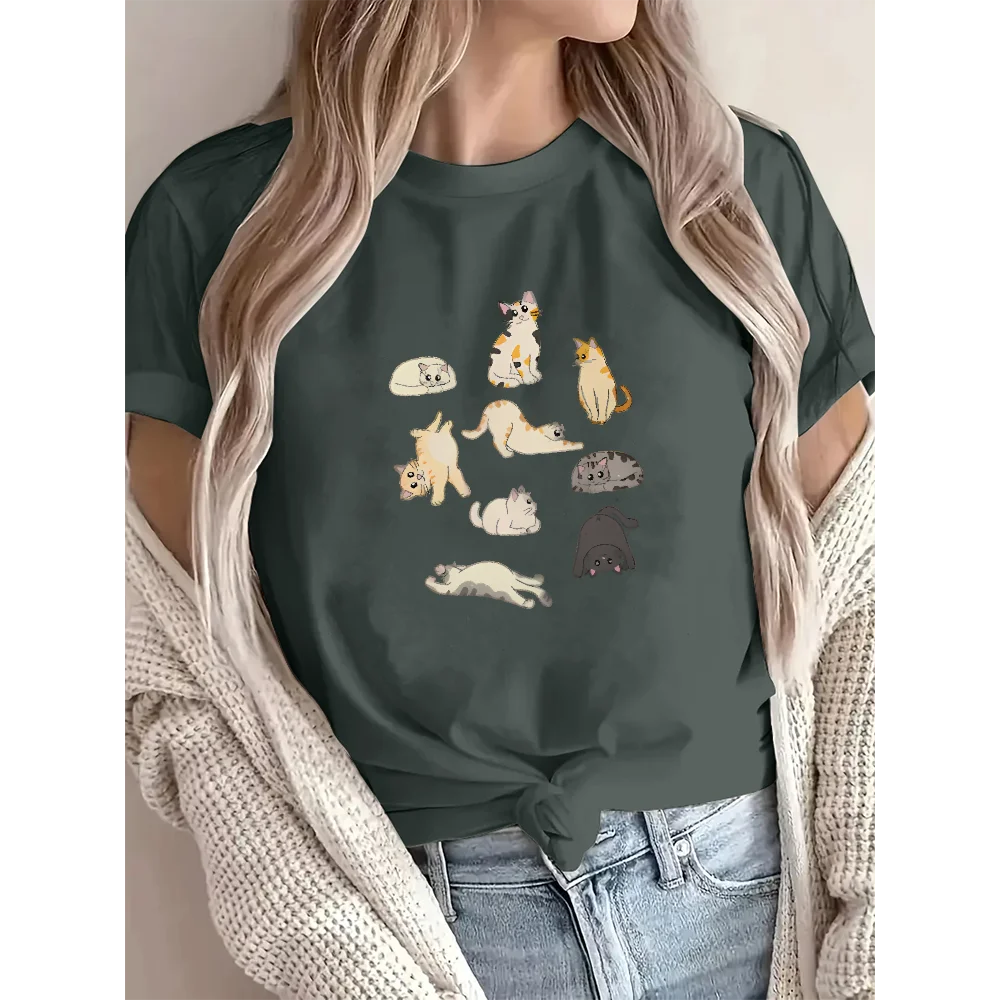 Cat Pattern T-Shirt Women's Summer Casual O-Neck Short Sleeve Tops