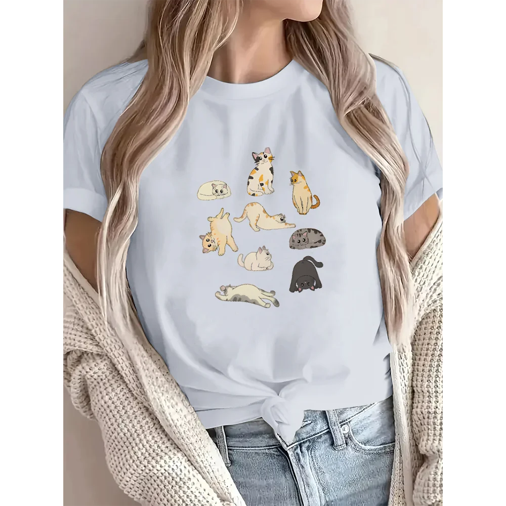 Cat Pattern T-Shirt Women's Summer Casual O-Neck Short Sleeve Tops
