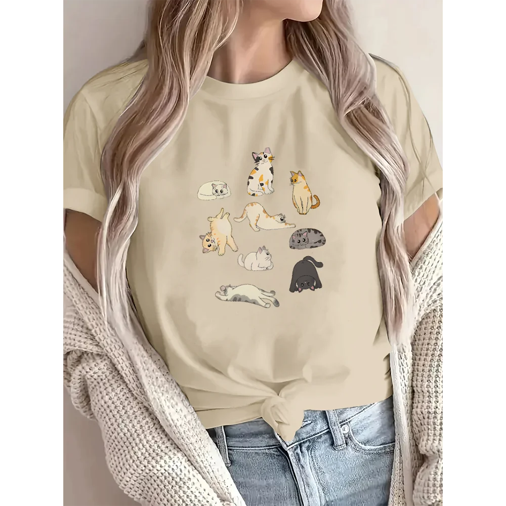 Cat Pattern T-Shirt Women's Summer Casual O-Neck Short Sleeve Tops