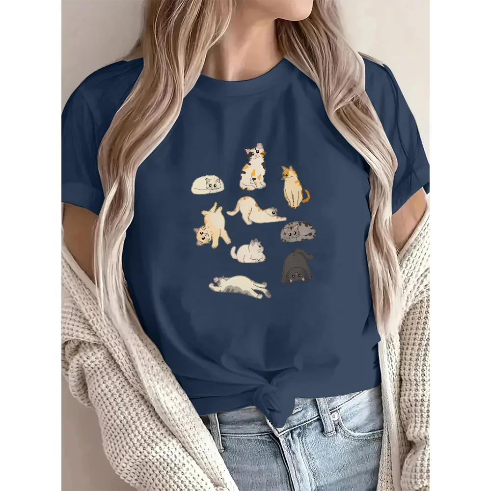 Cat Pattern T-Shirt Women's Summer Casual O-Neck Short Sleeve Tops