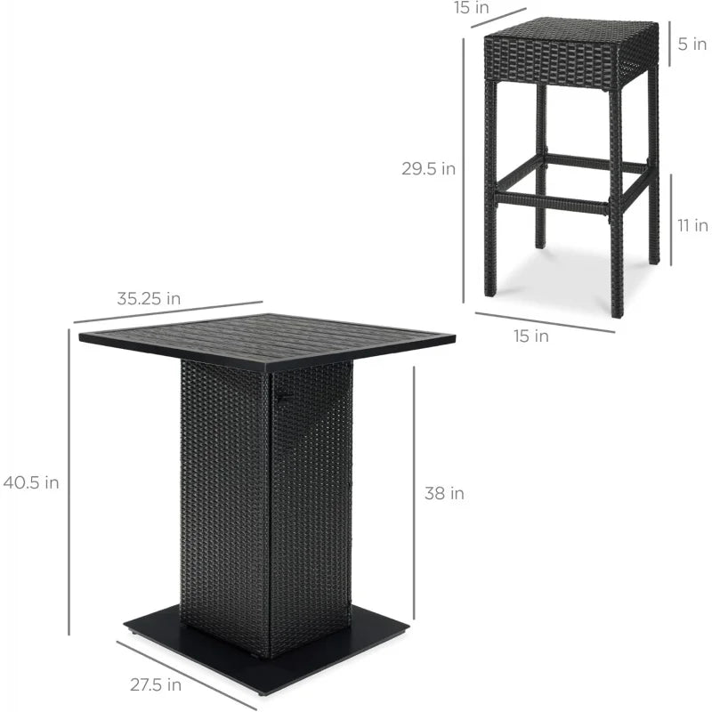 5-Piece Outdoor Wicker Bar Table Set for Patio, Poolside, Backyard w/Built-in Bottle Opener,  Metal Tabletop, 4 Stools - Black