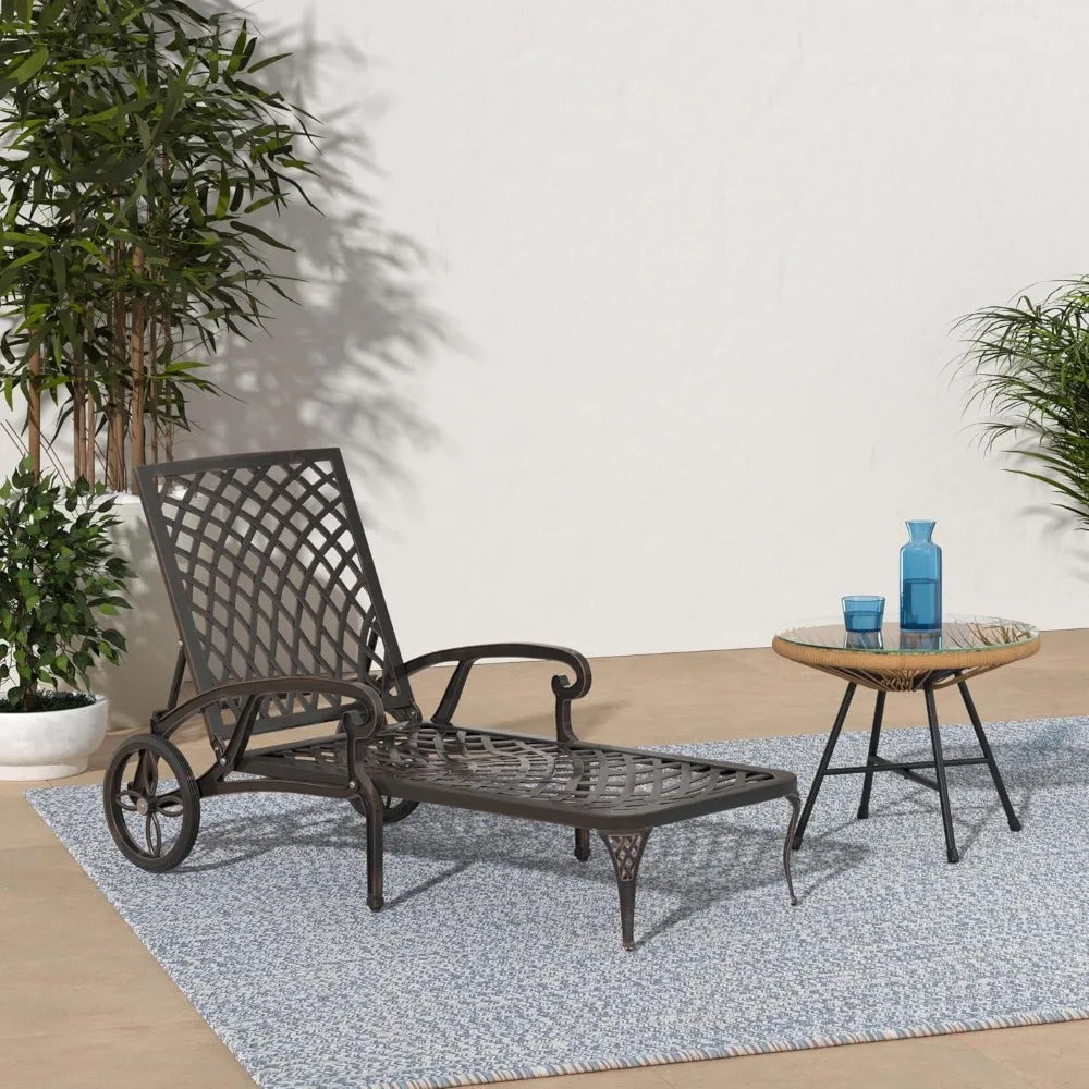 Cast Aluminum Outdoor Chaise Lounge Chair with Wheels, 3-Position Adjustable Backrest