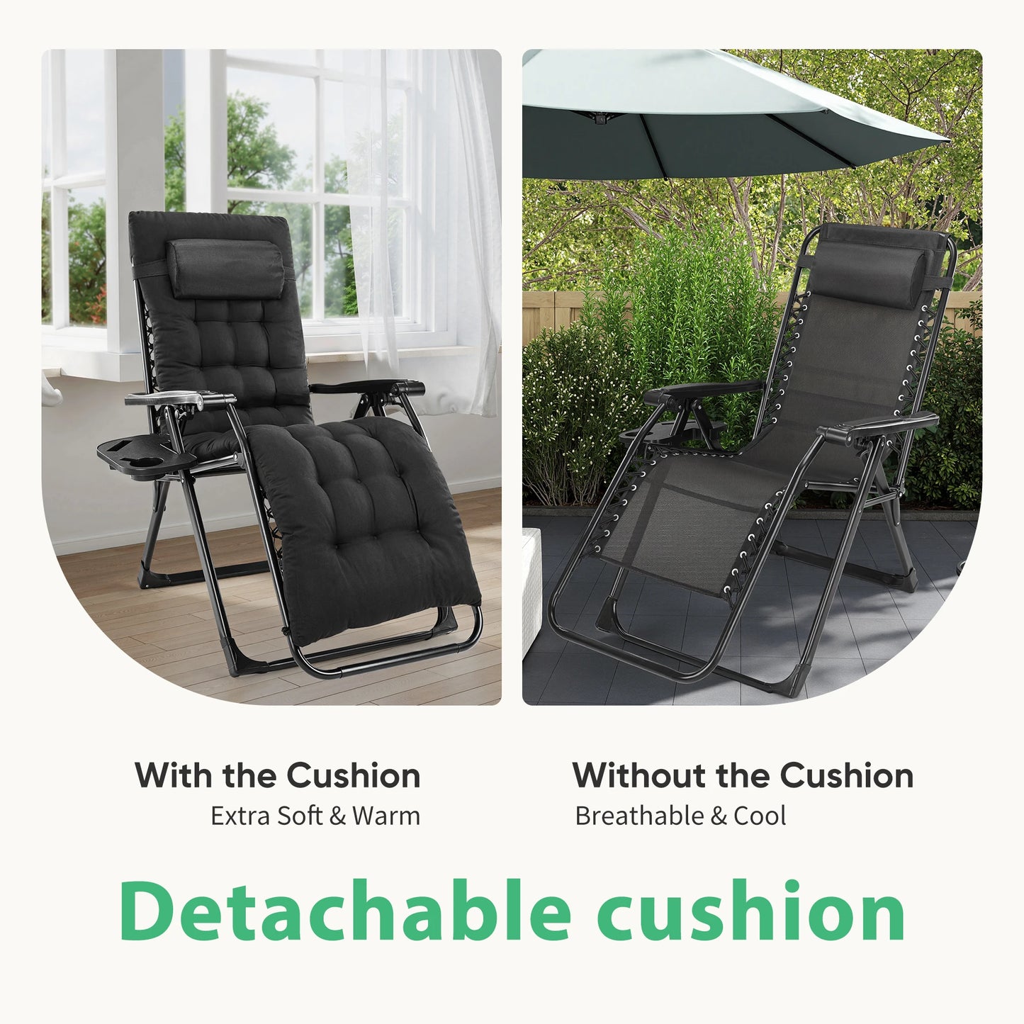 Zero Gravity Recliner for Camping, Patio or Poolside, Folding, Portable, with Cup Holder Trays and Removable Cushion
