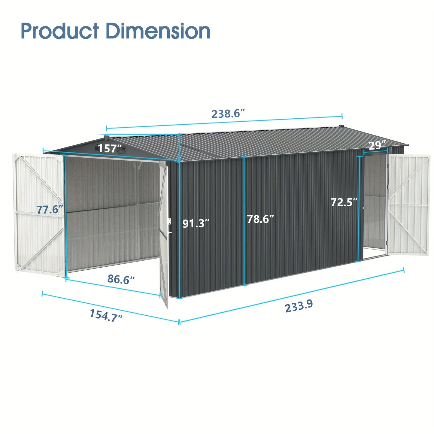 Heavy-Duty Large Metal Storage Shed 20x10FT / 13x20FT, With Double Doors, 4 Air Vents | For Car, Boat, RV
