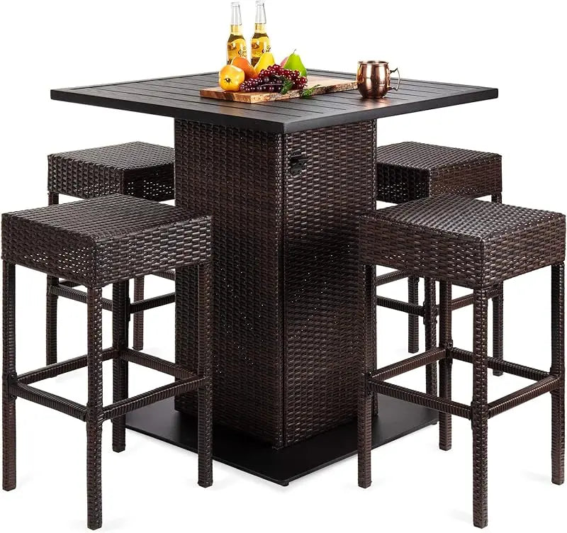 5-Piece Outdoor Wicker Bar Table Set for Patio, Poolside, Backyard w/Built-in Bottle Opener,  Metal Tabletop, 4 Stools - Black