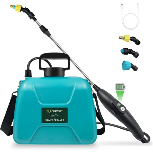 2 Gallon Electric Garden Sprayer, Battery Powered Sprayer with 3 Mist Nozzles and Retractable Wand, USB rechargeable handle
