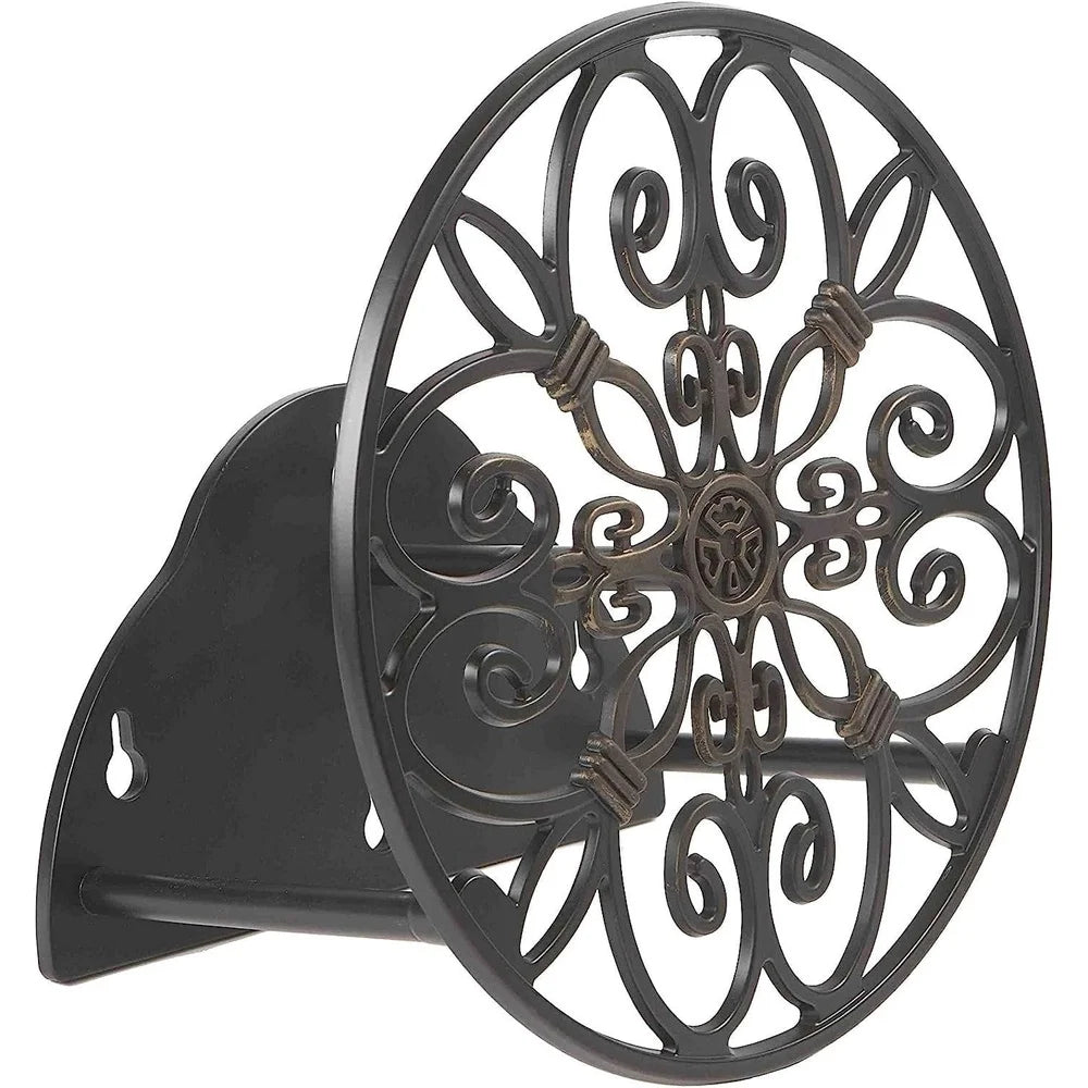 Decorative Wall Mount Hose Holder, 125 Foot Capacity, Non-Rust, Cast Aluminum, Easy Install Keyhole Design
