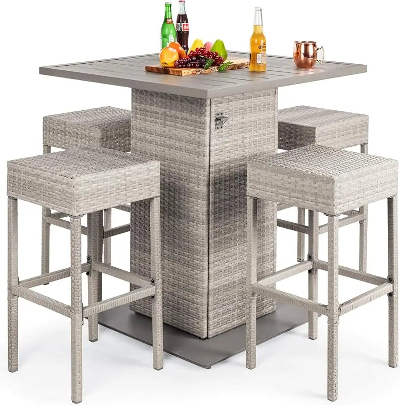 5-Piece Outdoor Wicker Bar Table Set for Patio, Poolside, Backyard w/Built-in Bottle Opener,  Metal Tabletop, 4 Stools - Black