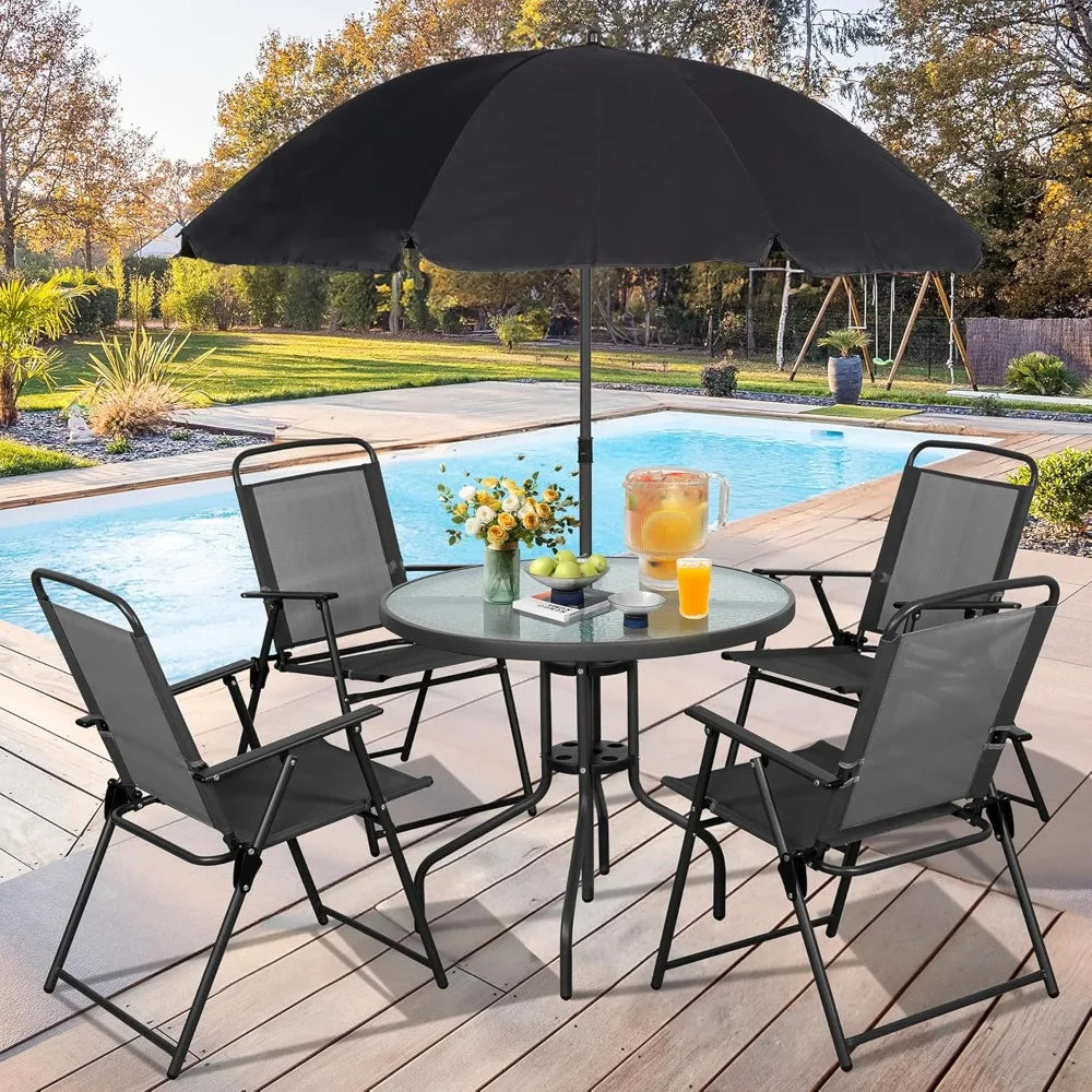 6 Piece Patio Dining Set, Small Metal Outdoor Garden Patio Table and Chair Set w/Umbrella