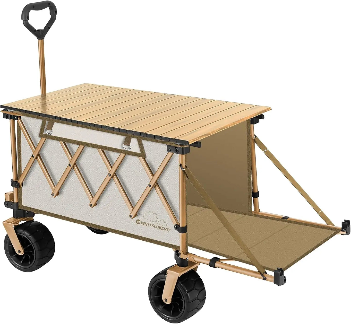 Collapsible Folding Wagon with Table, Heavy Duty Utility Beach Wagons with Opened Tailgate and All Terrain Wheels