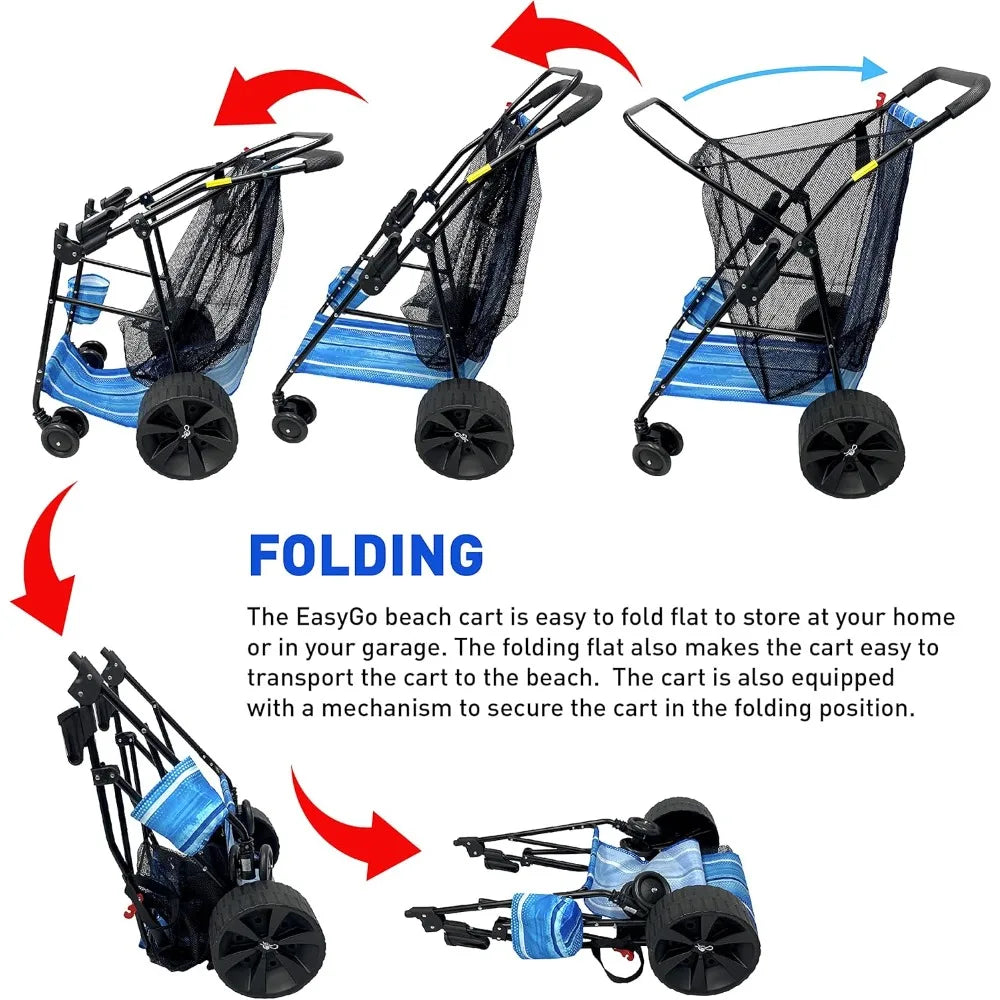 Deluxe Heavy Duty Folding Beach/Utility Cart, Large Sand Wheels Holds 4 Folding Chairs, Umbrella Holder and Removable Storage Bag