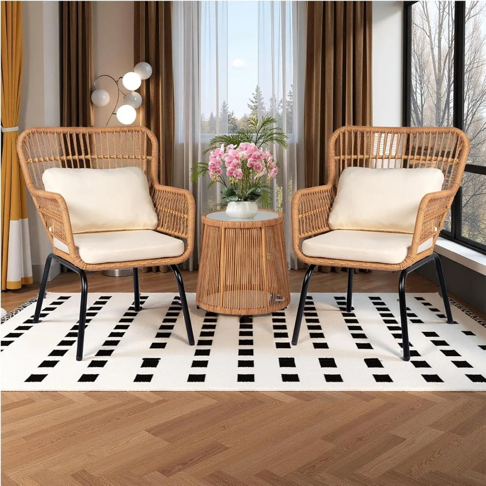 3 Piece Outdoor Wicker Bistro Set w/2 Large Rattan Chairs and Tempered Glass Top Table