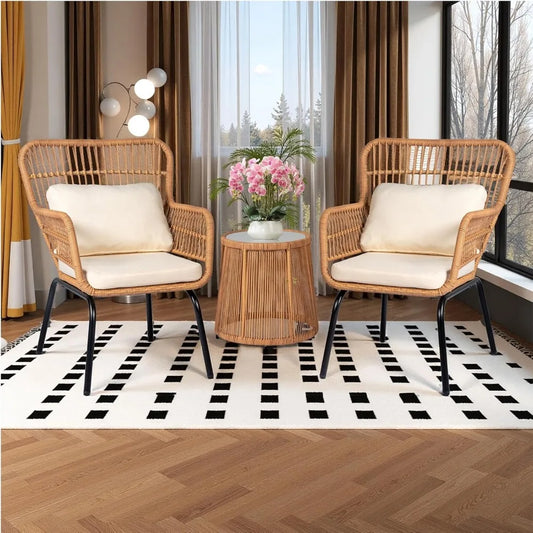 3 Piece Outdoor Wicker Bistro Set w/2 Large Rattan Chairs and Tempered Glass Top Table