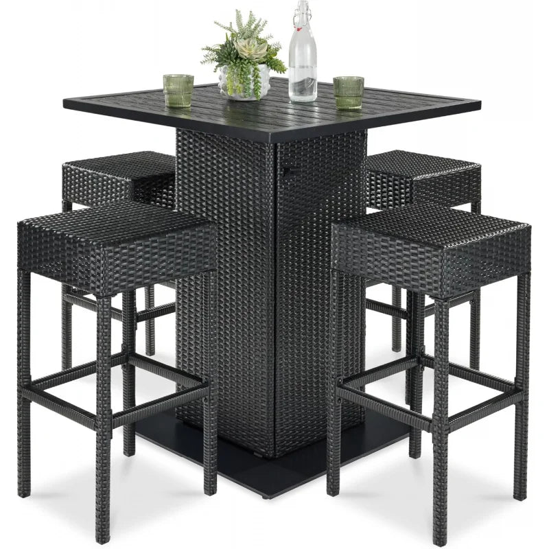 5-Piece Outdoor Wicker Bar Table Set for Patio, Poolside, Backyard w/Built-in Bottle Opener,  Metal Tabletop, 4 Stools - Black